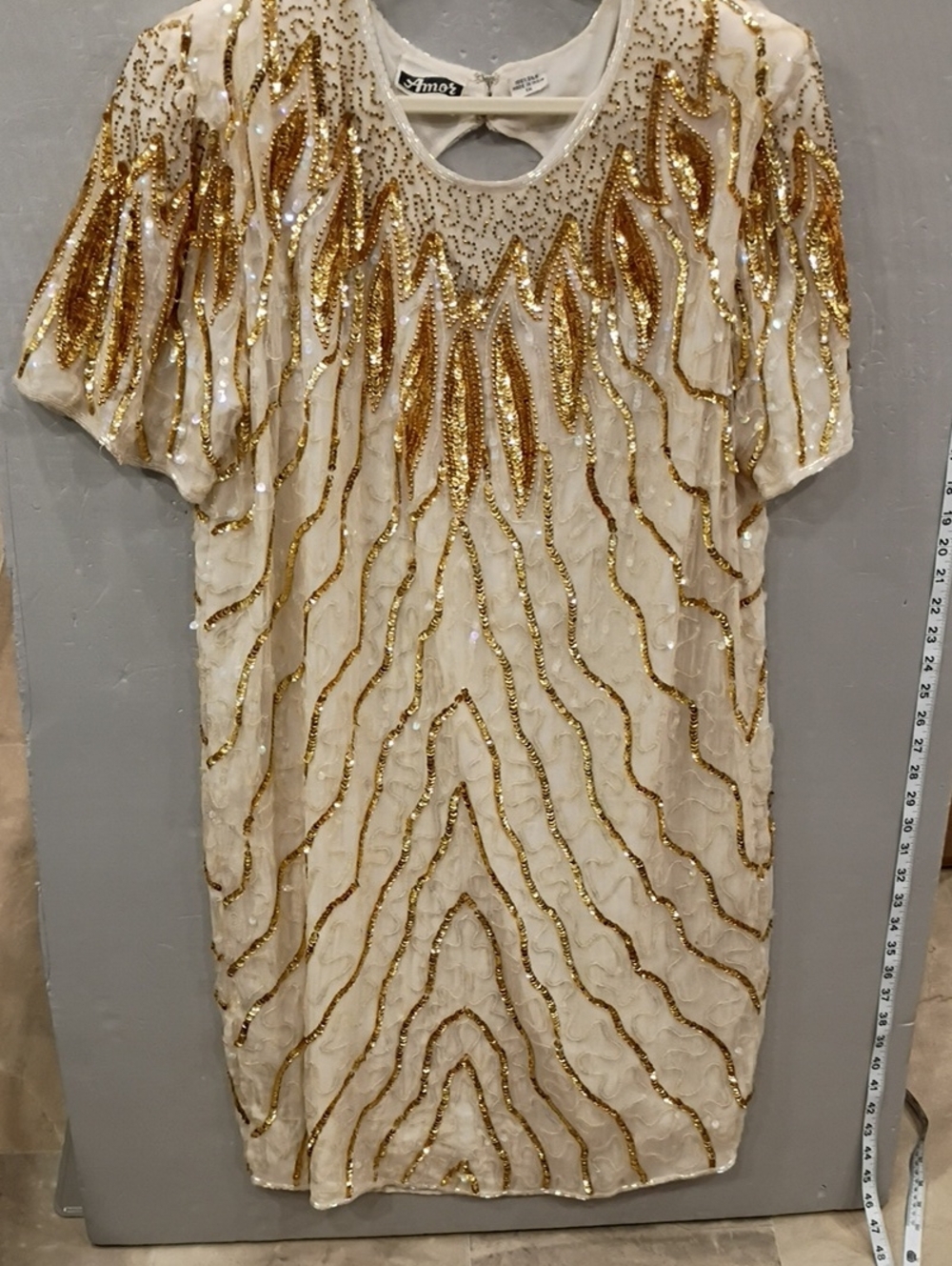 Amor 100%silk Vintage Cream Dress with Gold Sequin Embellishment And Beading